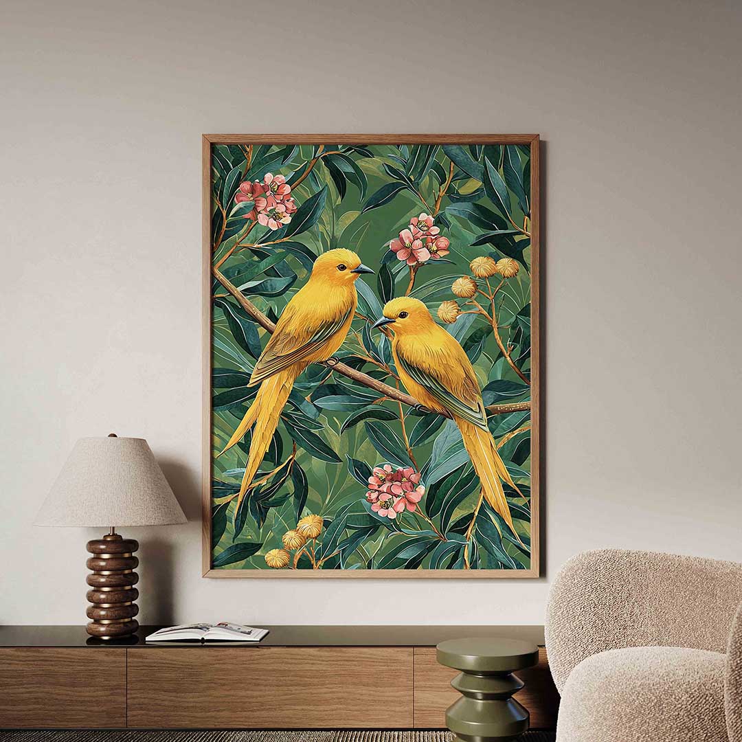 Gele vogels en bloemen – dieren poster in staand formaat