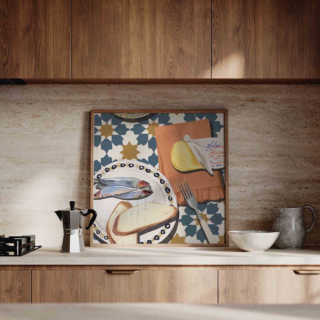 Ontbijt met vis en brood – culinaire wandkunst als vierkante poster