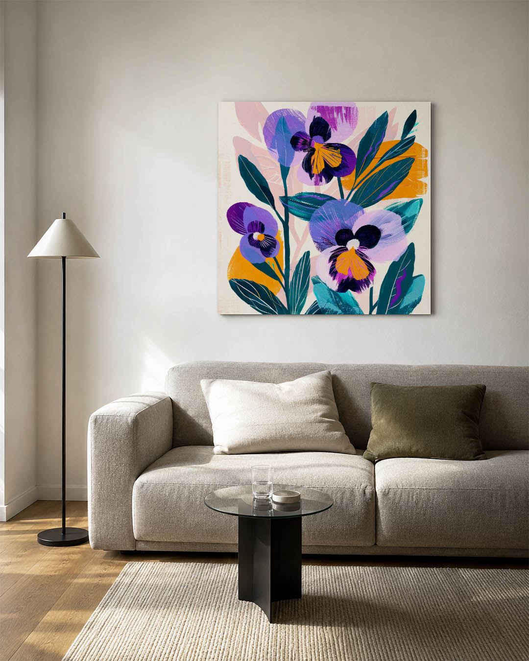 Bloemrijke kleurenexplosie kunstwerk – detailweergave – dit kunstwerk toont een levendige compositie van bloemen in paarse en