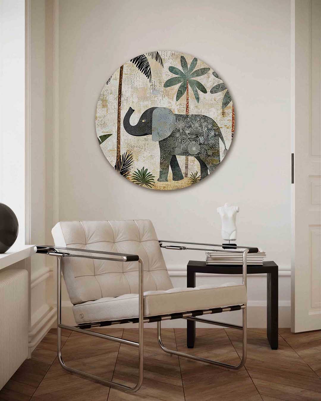 Olifant en palmbomen – kleurrijke illustratie muurcirkel als wanddecoratie
