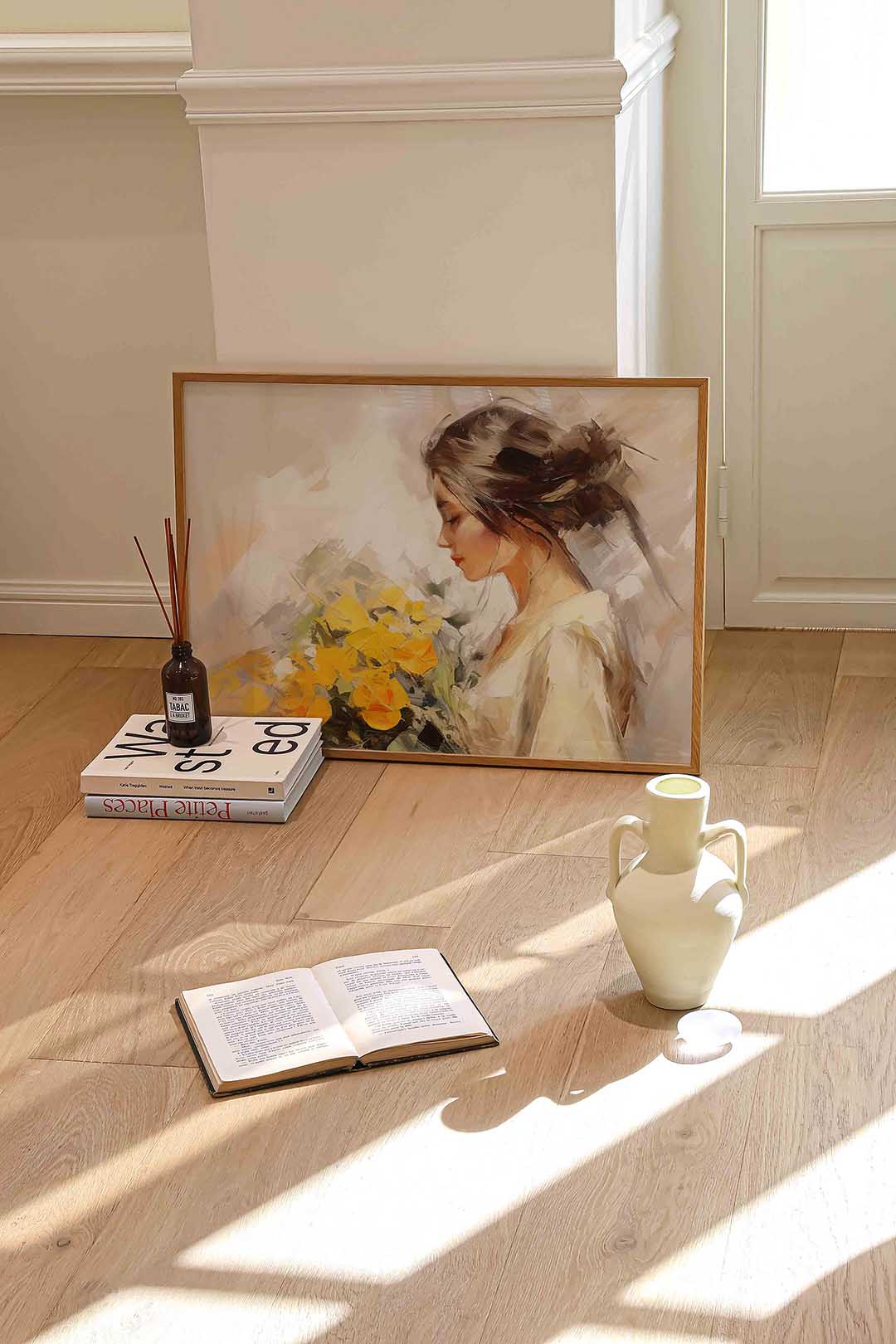 Vrouw met bloemen – liggende portret wanddecoratie van WallArtistic