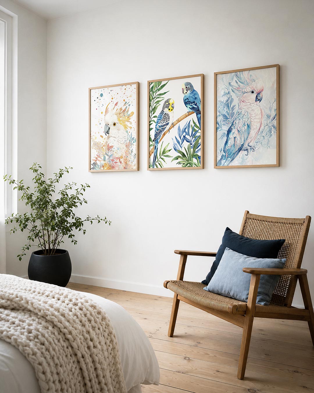 Vogel en kleuren posterset – derde productweergave – een speelse compositie van een vogel met zachte tinten