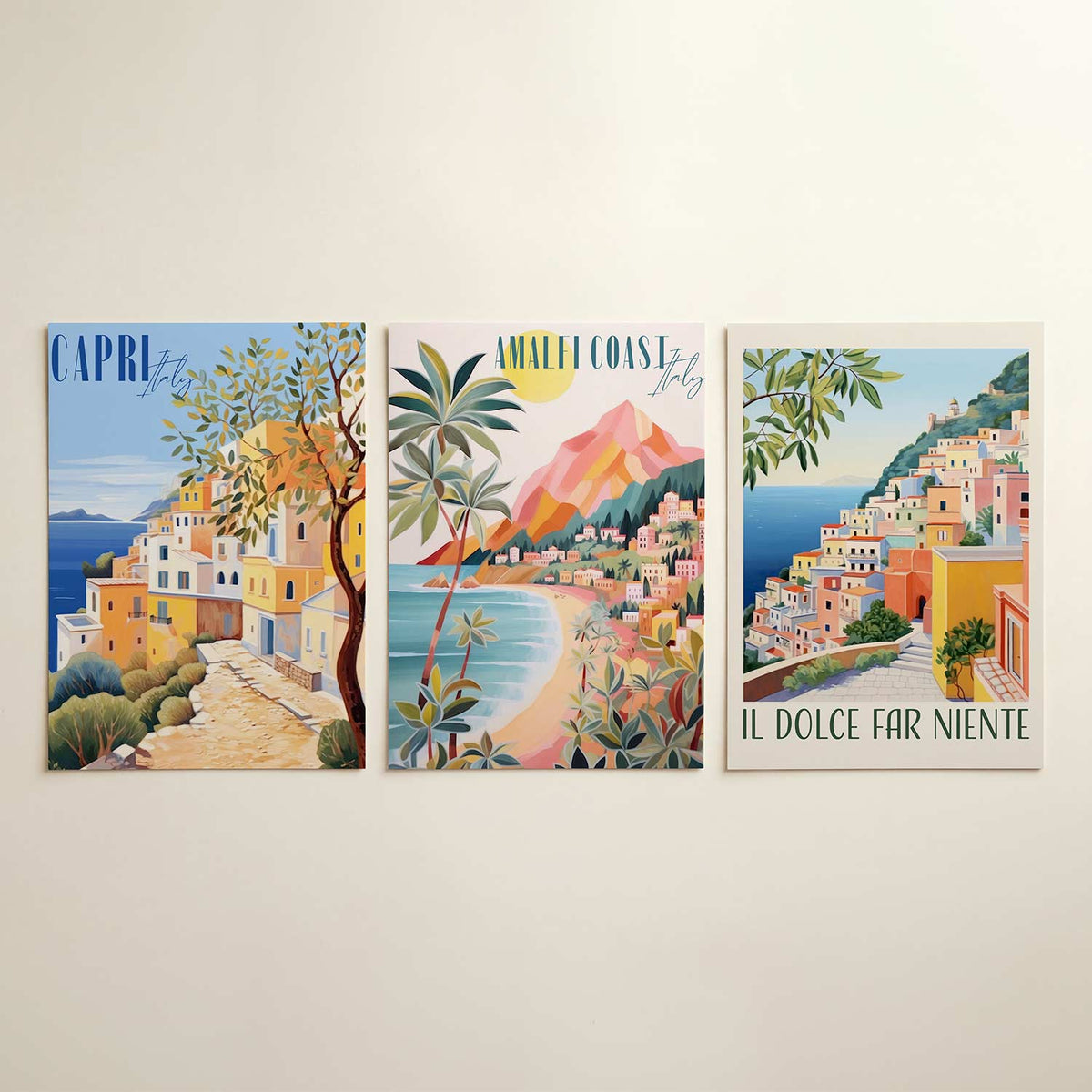 Zonnige kustlijn driedelige posterset in interieur