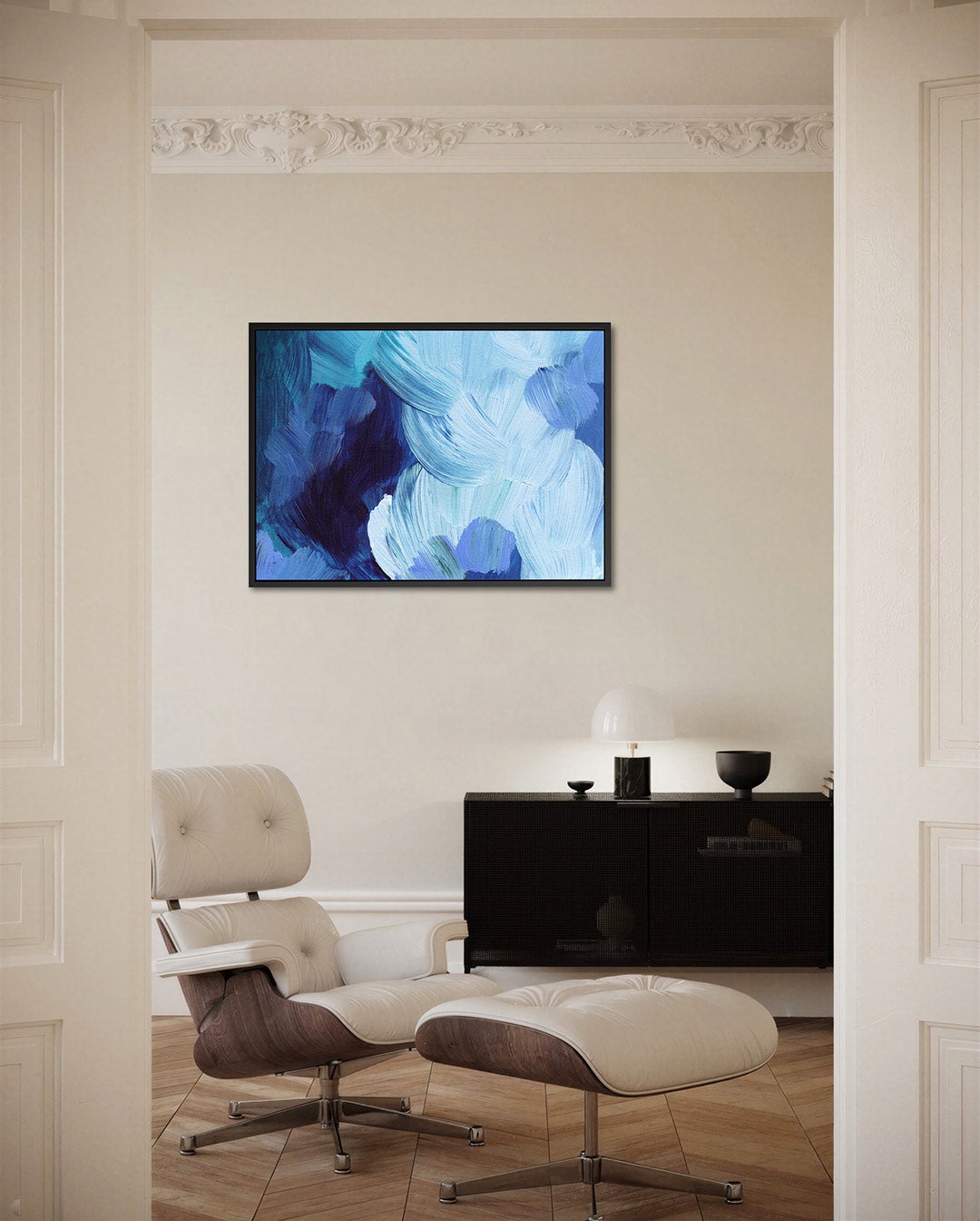 Dynamische blauwtinten – liggende wanddecoratie
