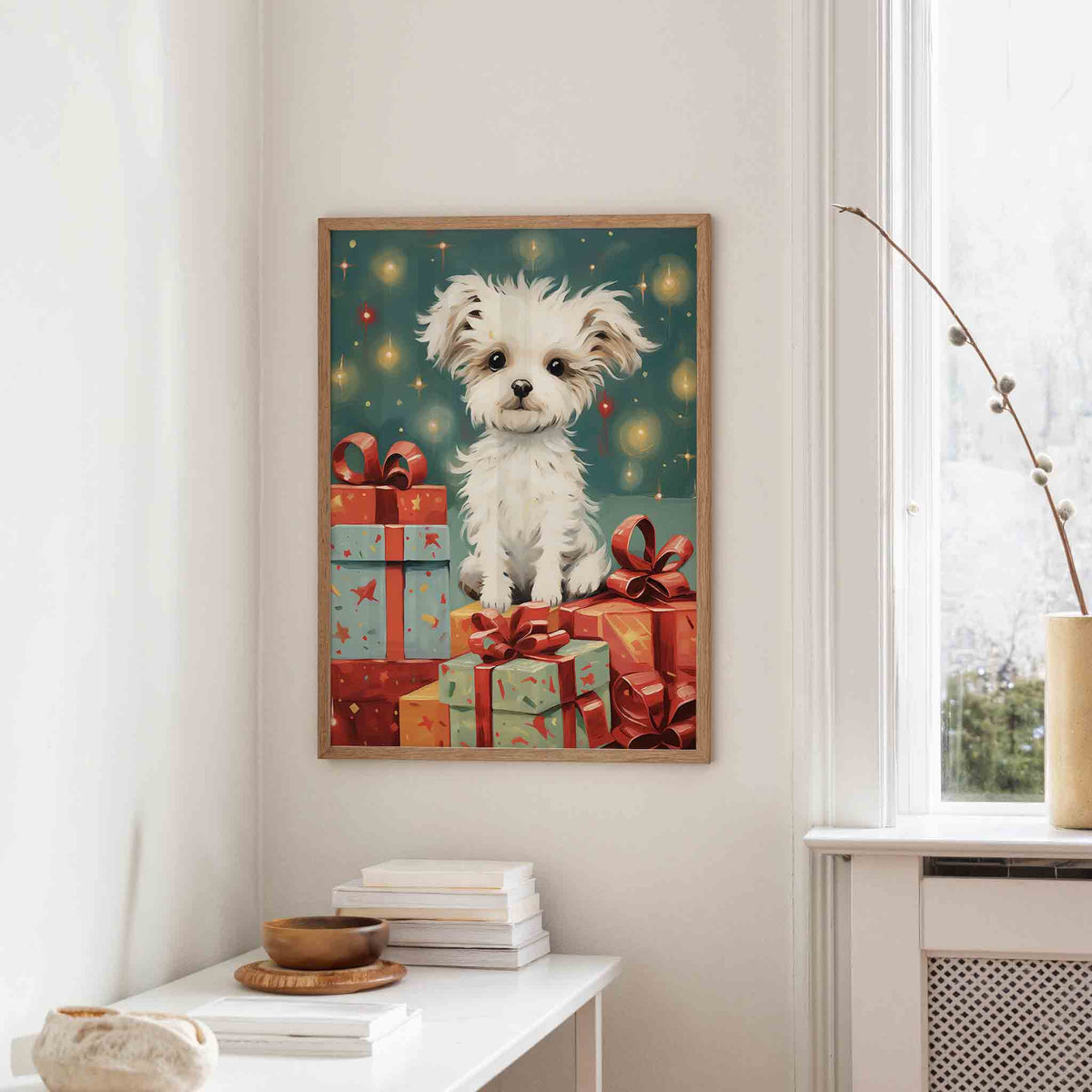 Hondje met cadeaus – staande kerst wanddecoratie van WallArtistic