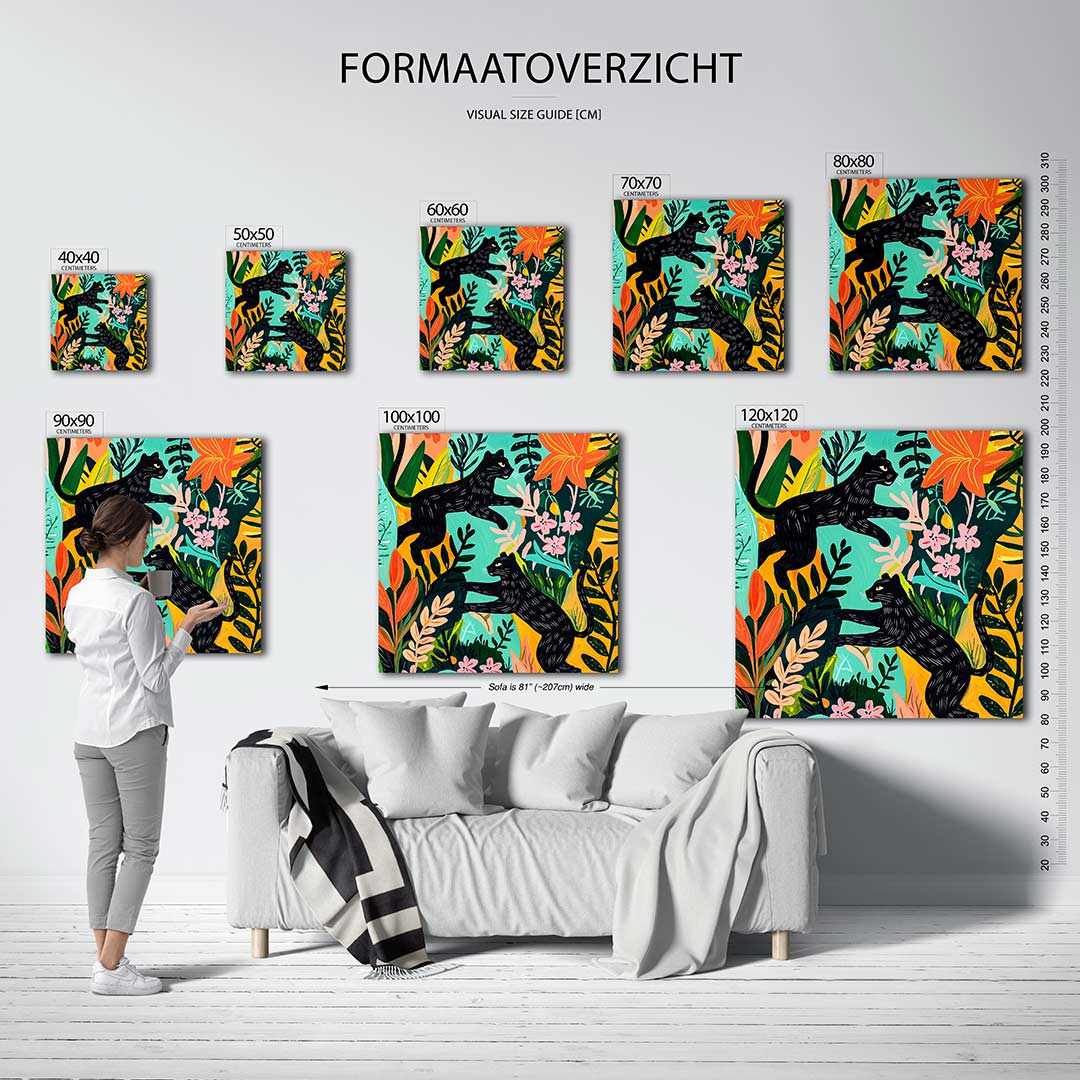Speelse dieren in jungle kunstwerk – dit kunstwerk toont twee zwarte katten in een levendige jungle vol kleurrijke bladeren
