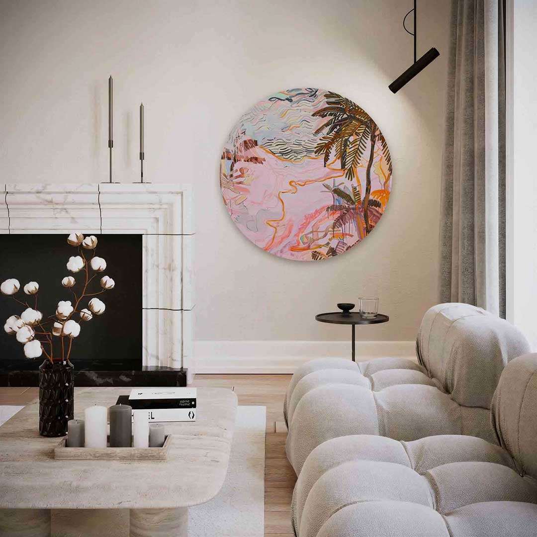 Palmbomen en golvende lijnen – abstracte textuur muurcirkel als wanddecoratie