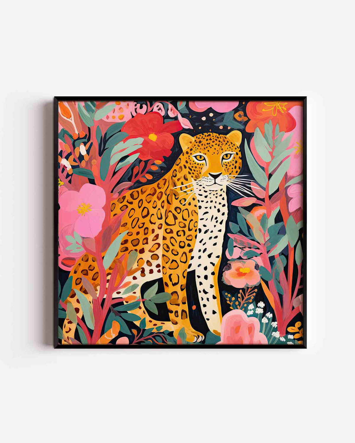 Luipaard tussen bloemen – vierkante kinderposter als wanddecoratie
