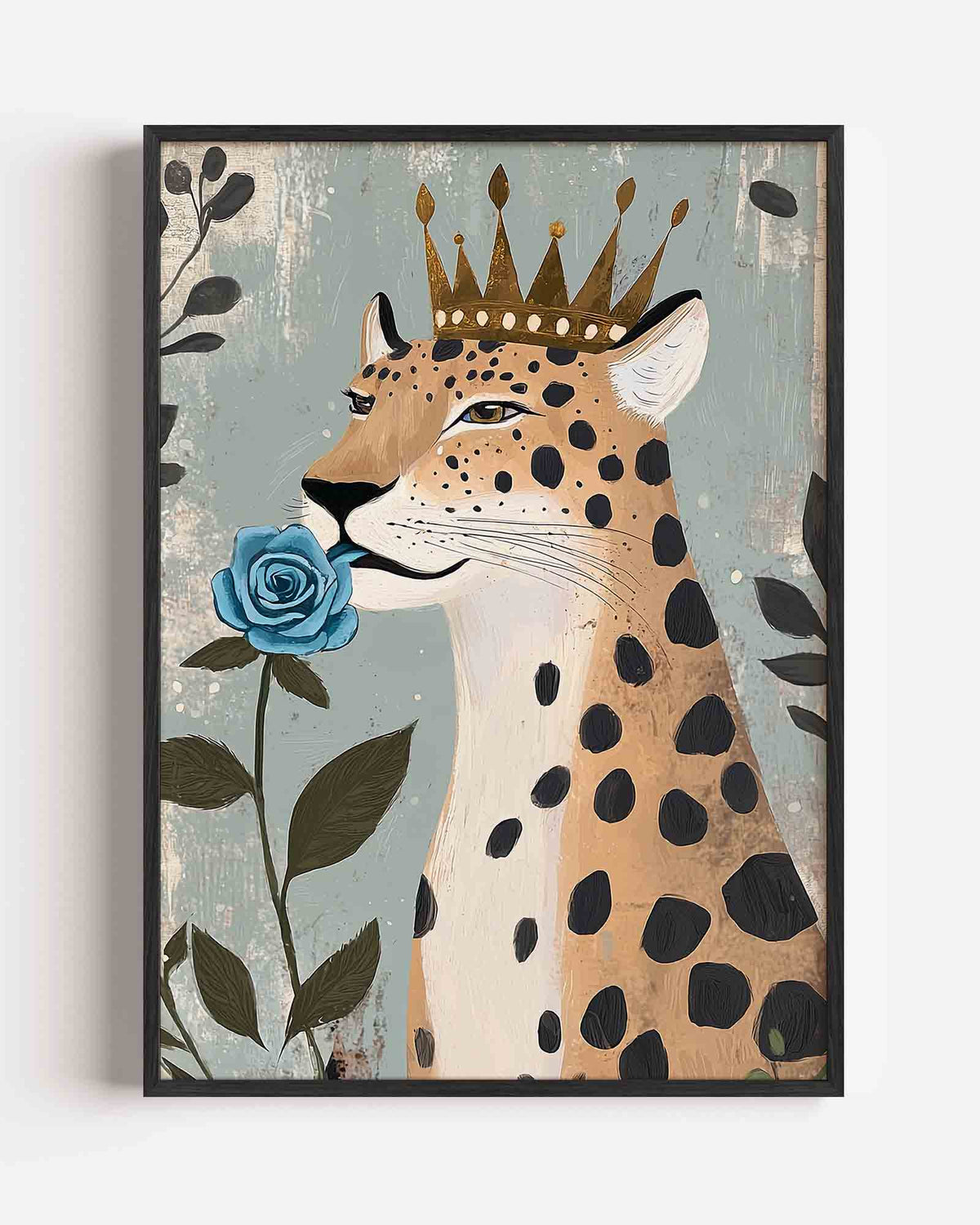 Luipaard met kroon en blauwe roos – dieren portret poster als wanddecoratie