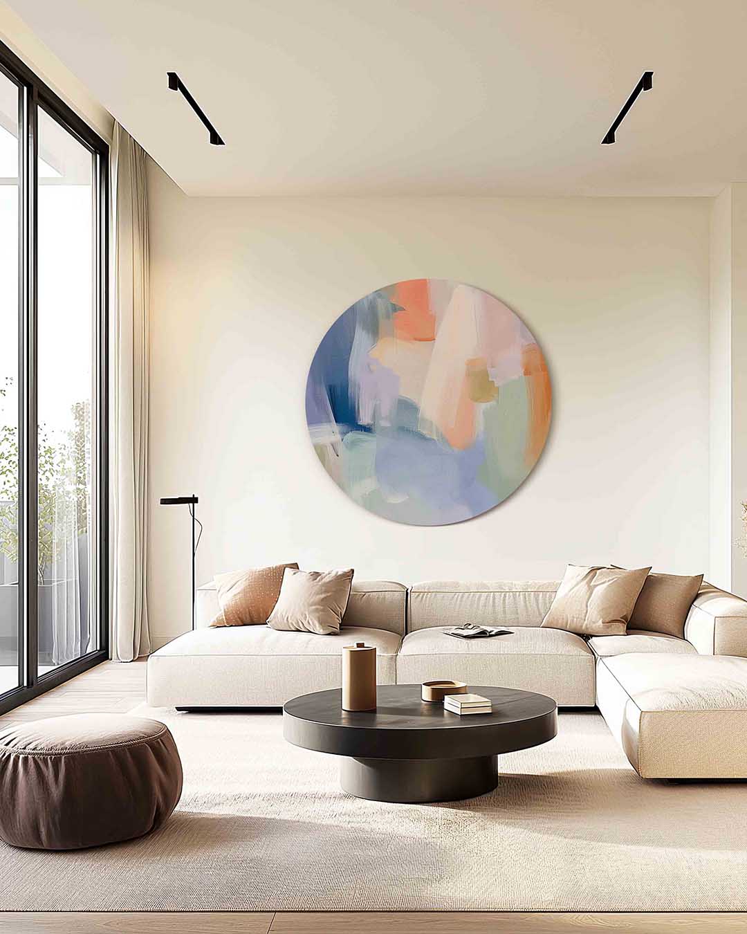 Abstracte kleurencompositie – kleurrijke muurcirkel als ronde wanddecoratie