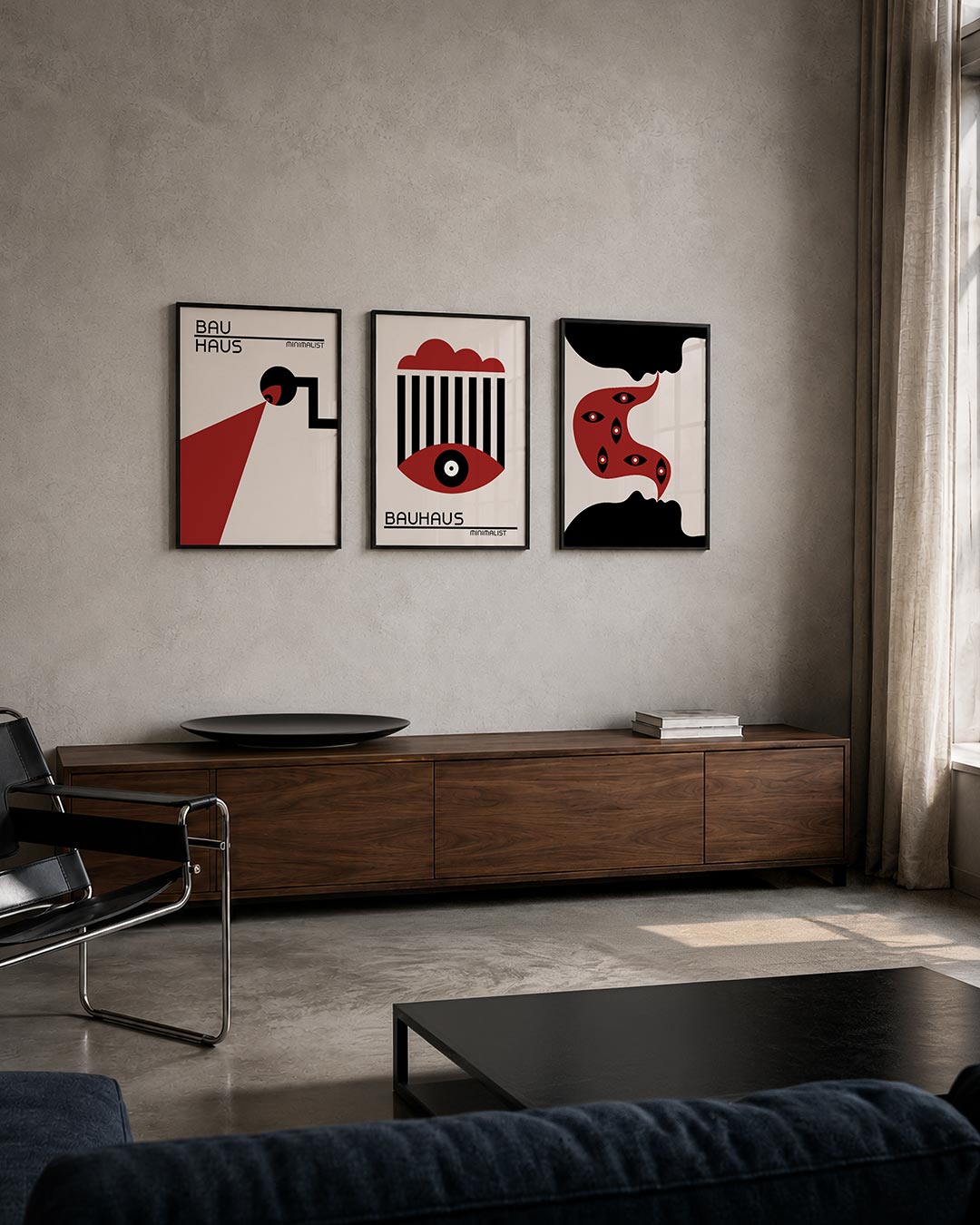 Lijnen en kleurvlakken posterset – tweede productweergave – deze posterset in drie delen toont een spel van zwarte lijnen en