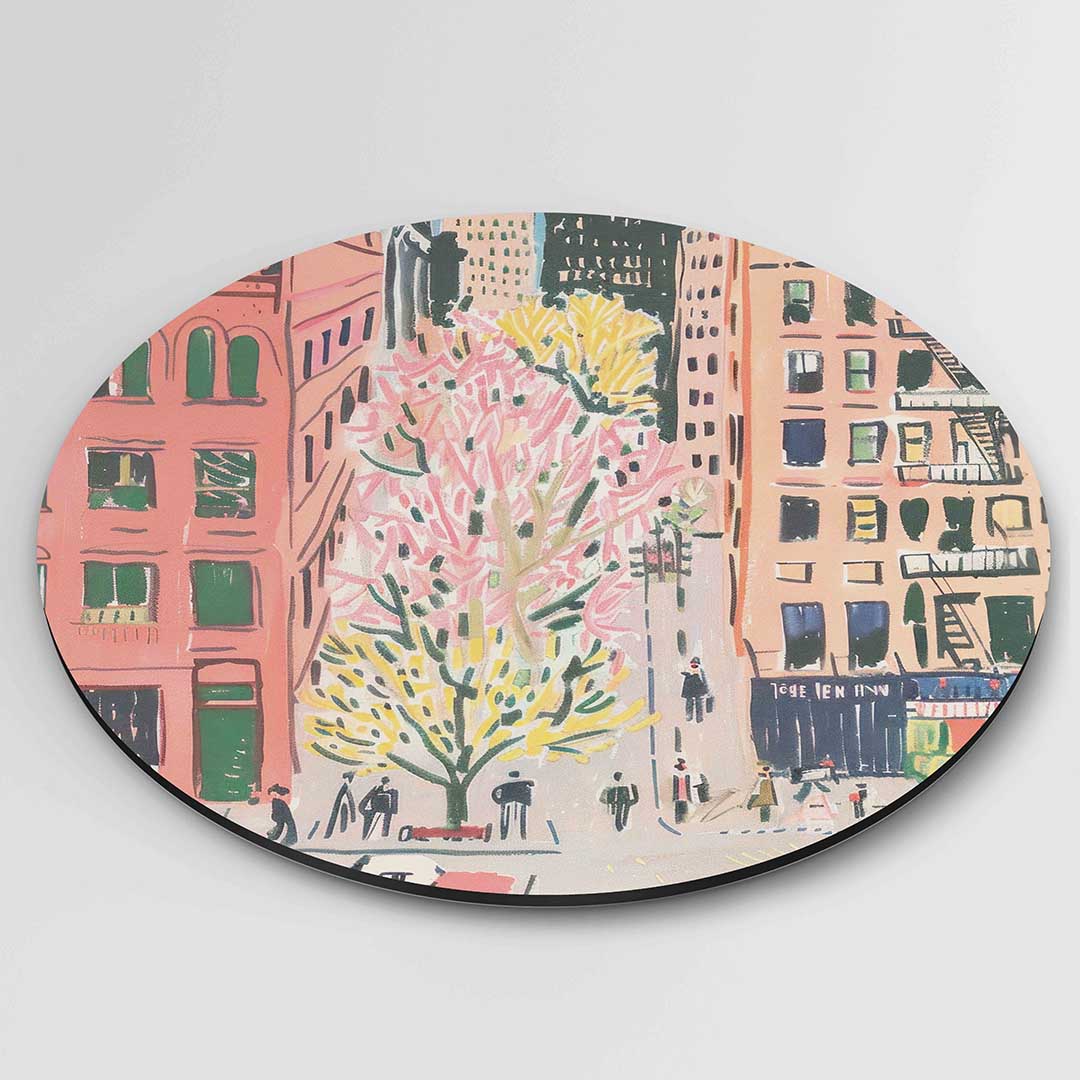Stadsgezicht met bomen – ronde textuur wanddecoratie van WallArtistic