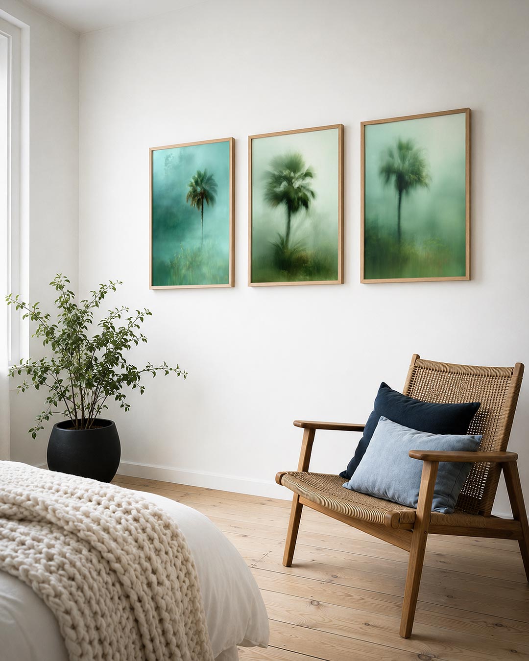 Mistige palm posterset – detailweergave – een eenzame palmboom staat centraal in een zee van zachte,