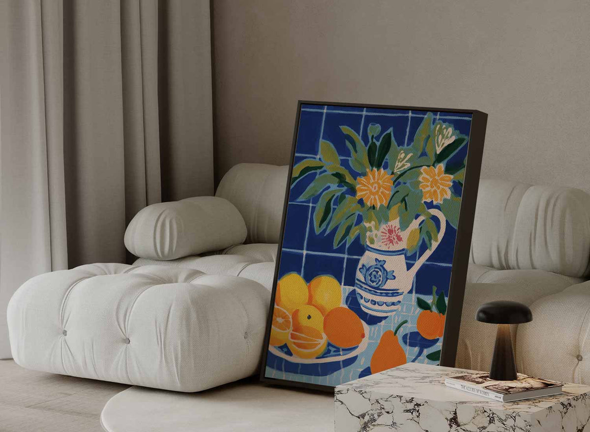 Zomerfruit in Blauwe Keuken – dibond kunstwerk als wanddecoratie
