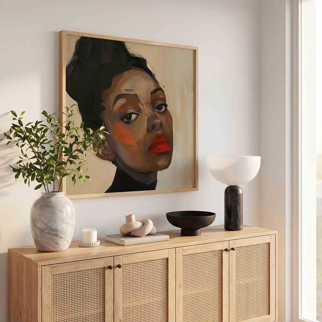 Portret met rode lippen – kunst en design poster in vierkant formaat