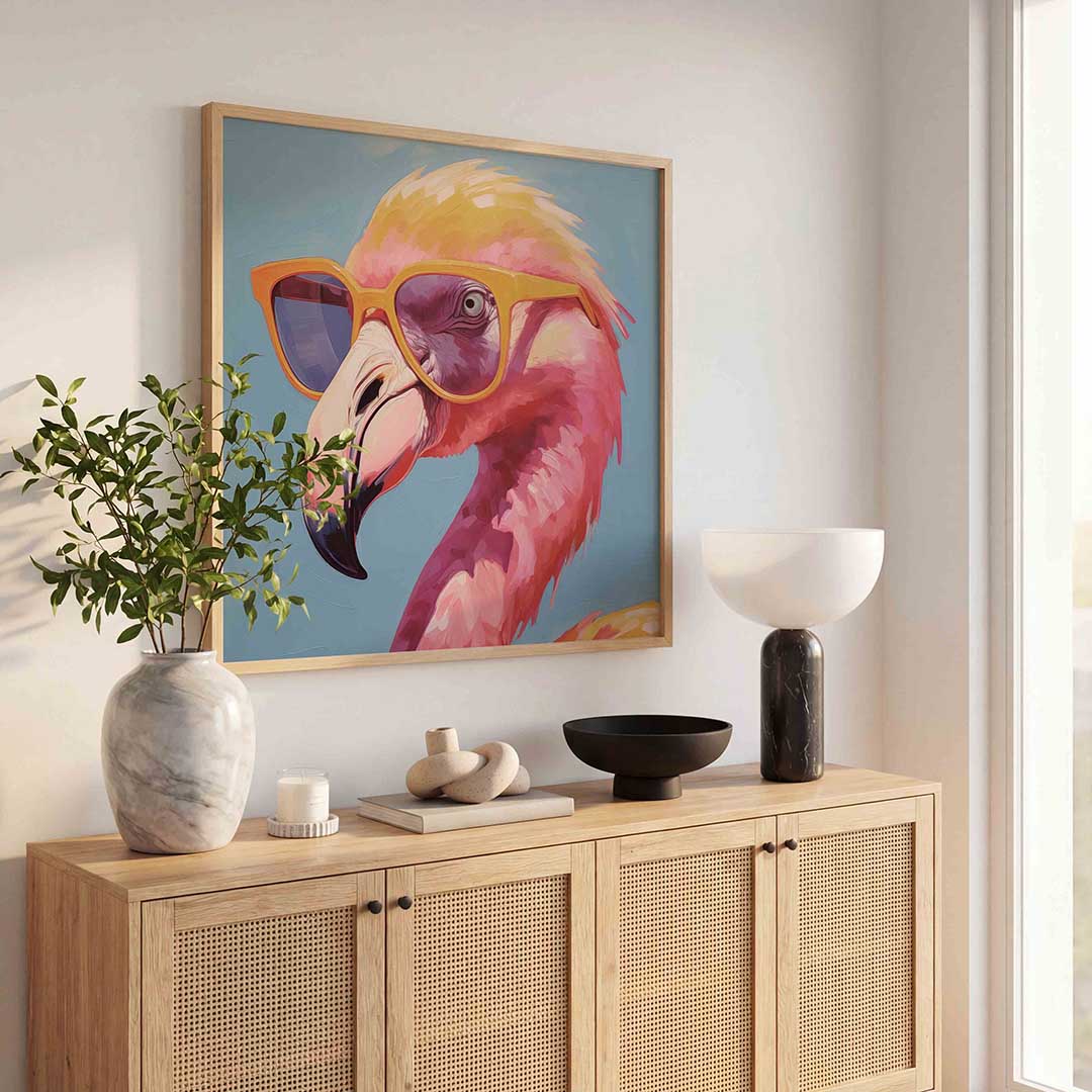 Flamingo met zonnebril – dierenillustratie als vierkante poster