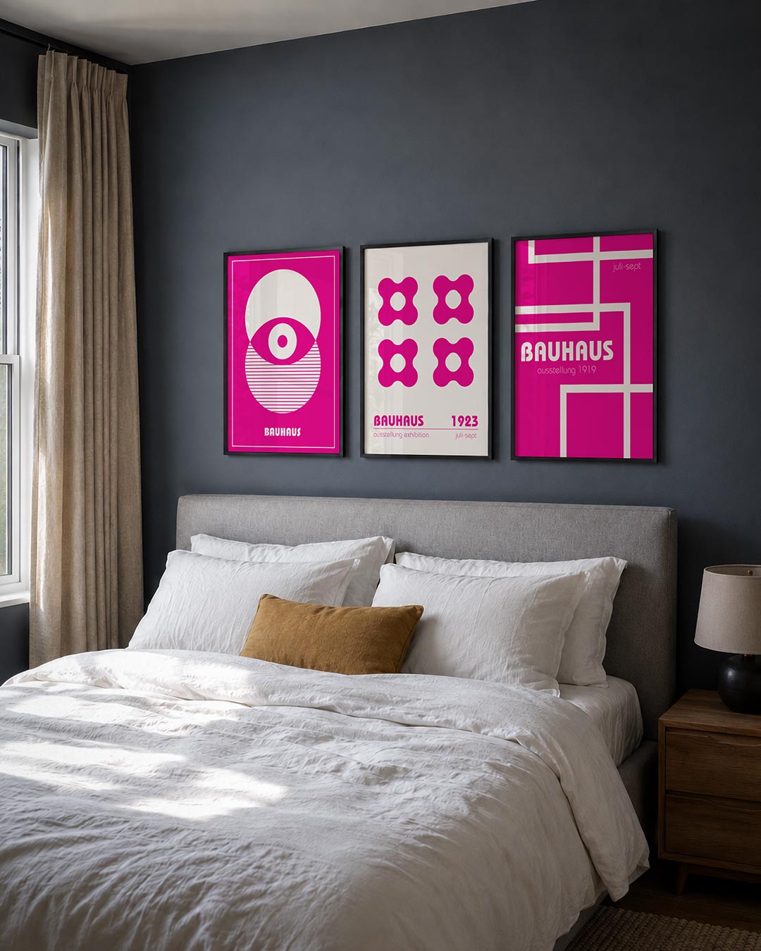 Cirkel en strepen posterset – detailweergave – deze posterset in drie delen toont een speelse balans van witte cirkels en