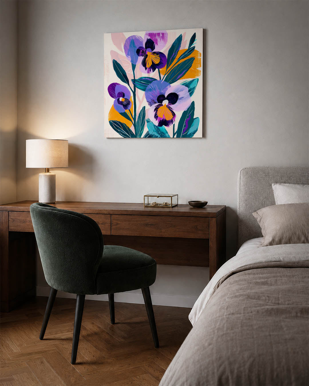 Bloemrijke kleurenexplosie kunstwerk – materiaalweergave – dit kunstwerk toont een levendige compositie van bloemen in paarse