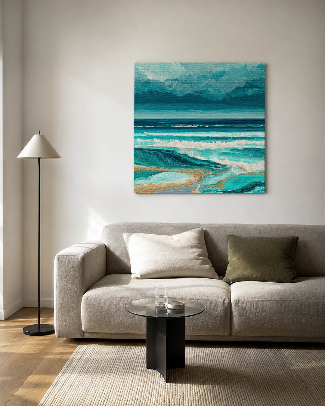 Golvend zeezicht kunstwerk – vierkante wanddecoratie – dit werk toont een dynamisch zeegezicht met golvende lijnen en rijke