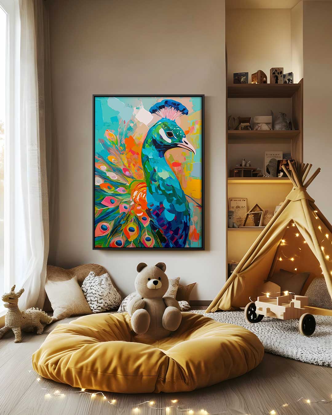 Kleurrijke Pauw Schilderij – canvas wanddecoratie in portret formaat