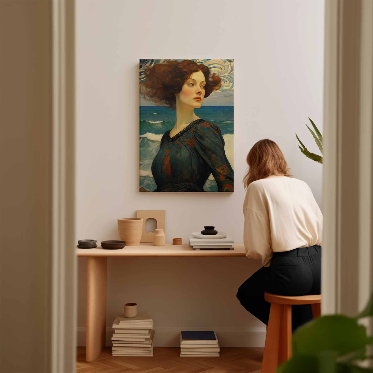 Dromerige dame aan zee – plexiglas wanddecoratie in portret formaat