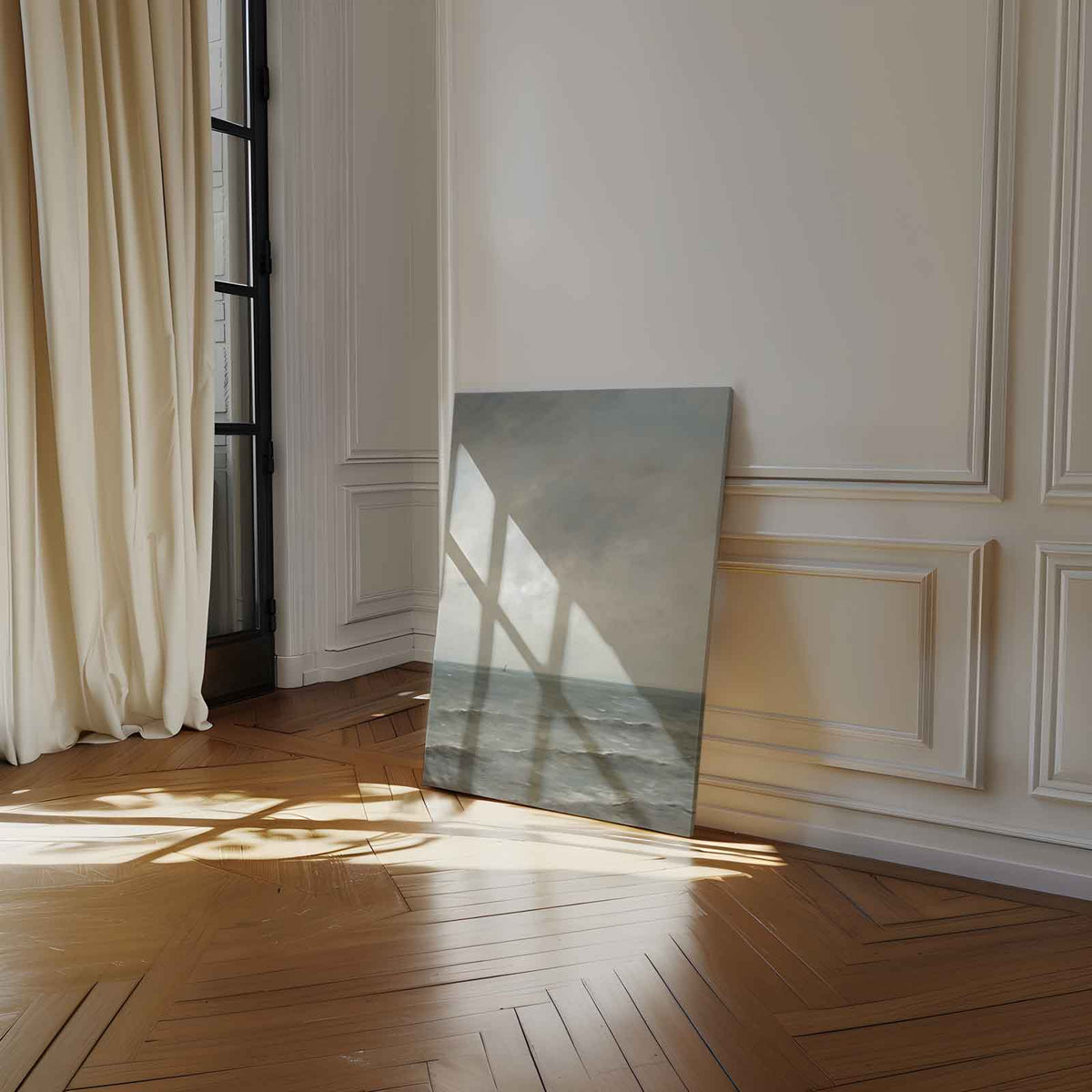 Rustige Zee onder Grijze Lucht – staand kunstwerk voor modern interieur