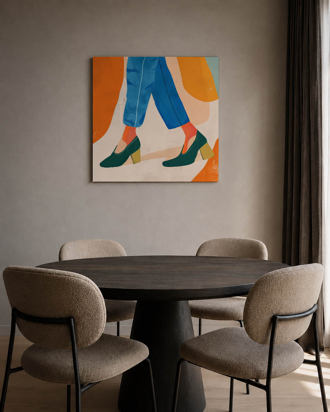 Kleurencompositie kunstwerk – tweede productweergave – dit werk toont een levendige compositie van benen in blauwe broek en