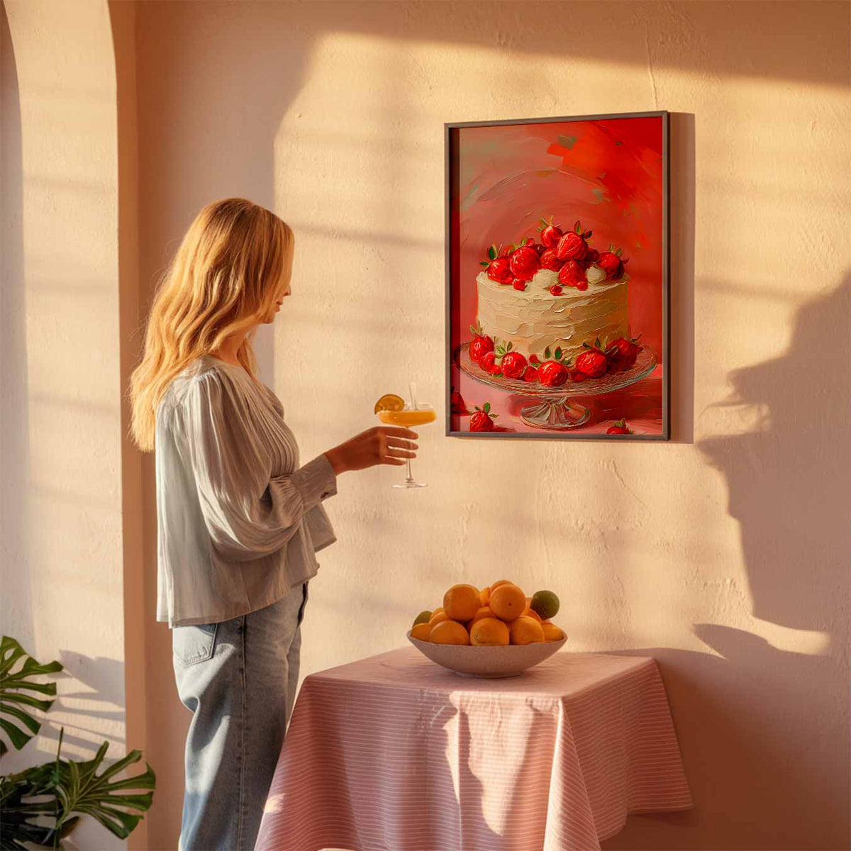 Zomerse Aardbeientaart Kunstposter – keuken poster als sfeervolle staande wanddecoratie