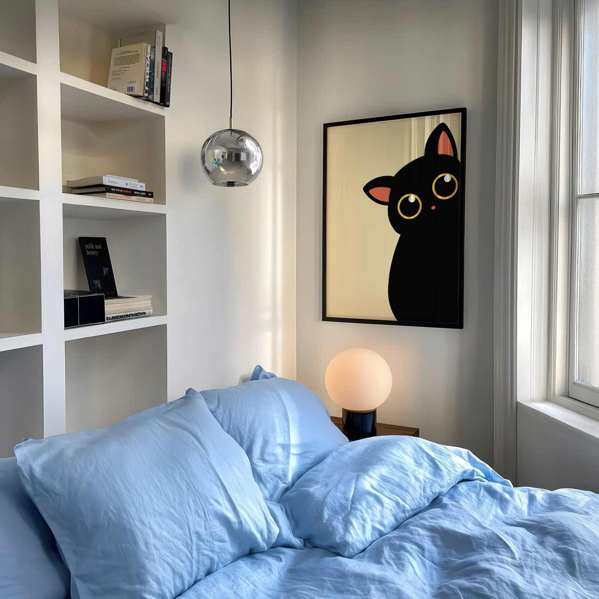 Schattige Kat in Minimalistisch Design – speelse wandkunst als portret kinderposter
