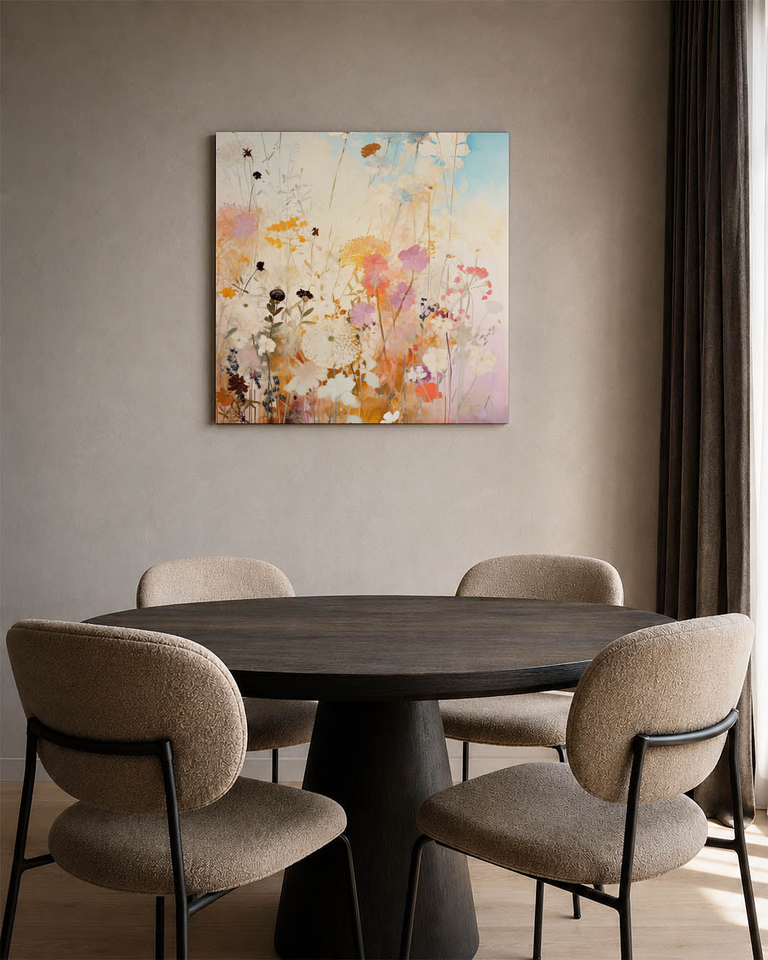 Bloemen in zachte tinten kunstwerk – derde productweergave – dit werk toont een delicate compositie van bloemen in zachte