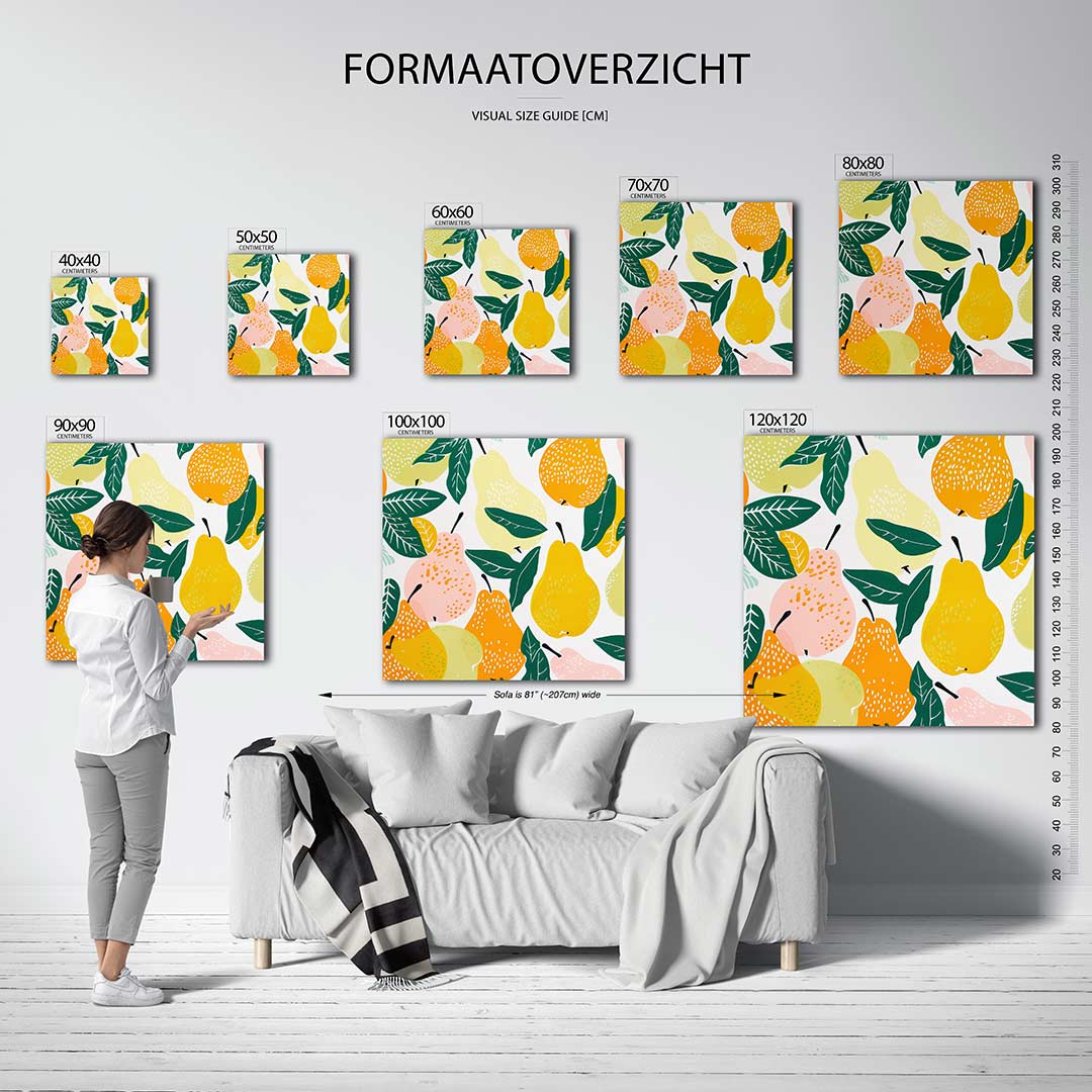 Fruit en bladeren kunstwerk – sfeerbeeld – dit werk toont een levendige compositie van peren en bladeren in diverse kleuren.