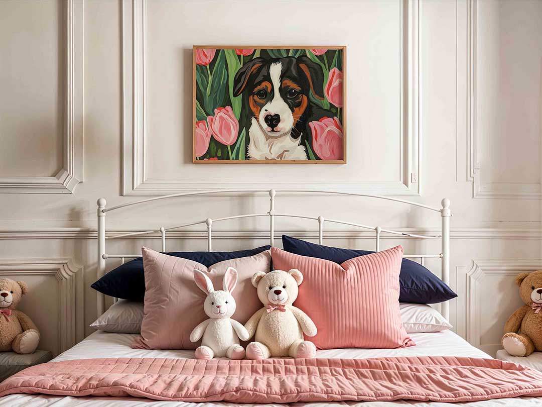 Hond tussen tulpen – kids poster in liggend formaat