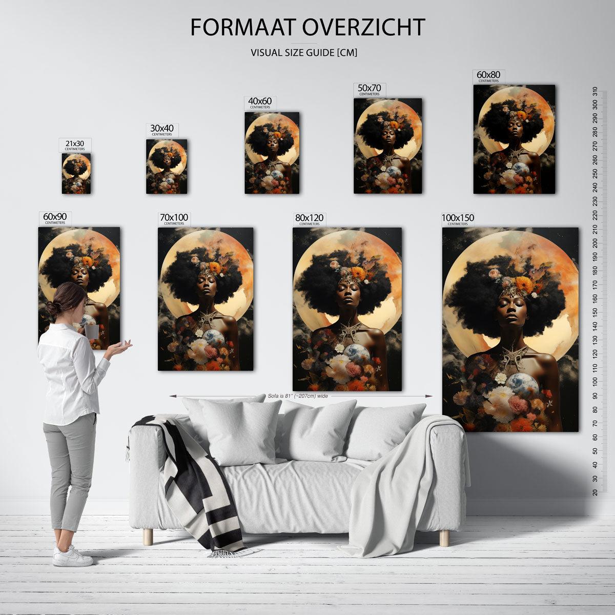 Vrouw met bloemen en maan – staande muurposter met surrealistische uitstraling