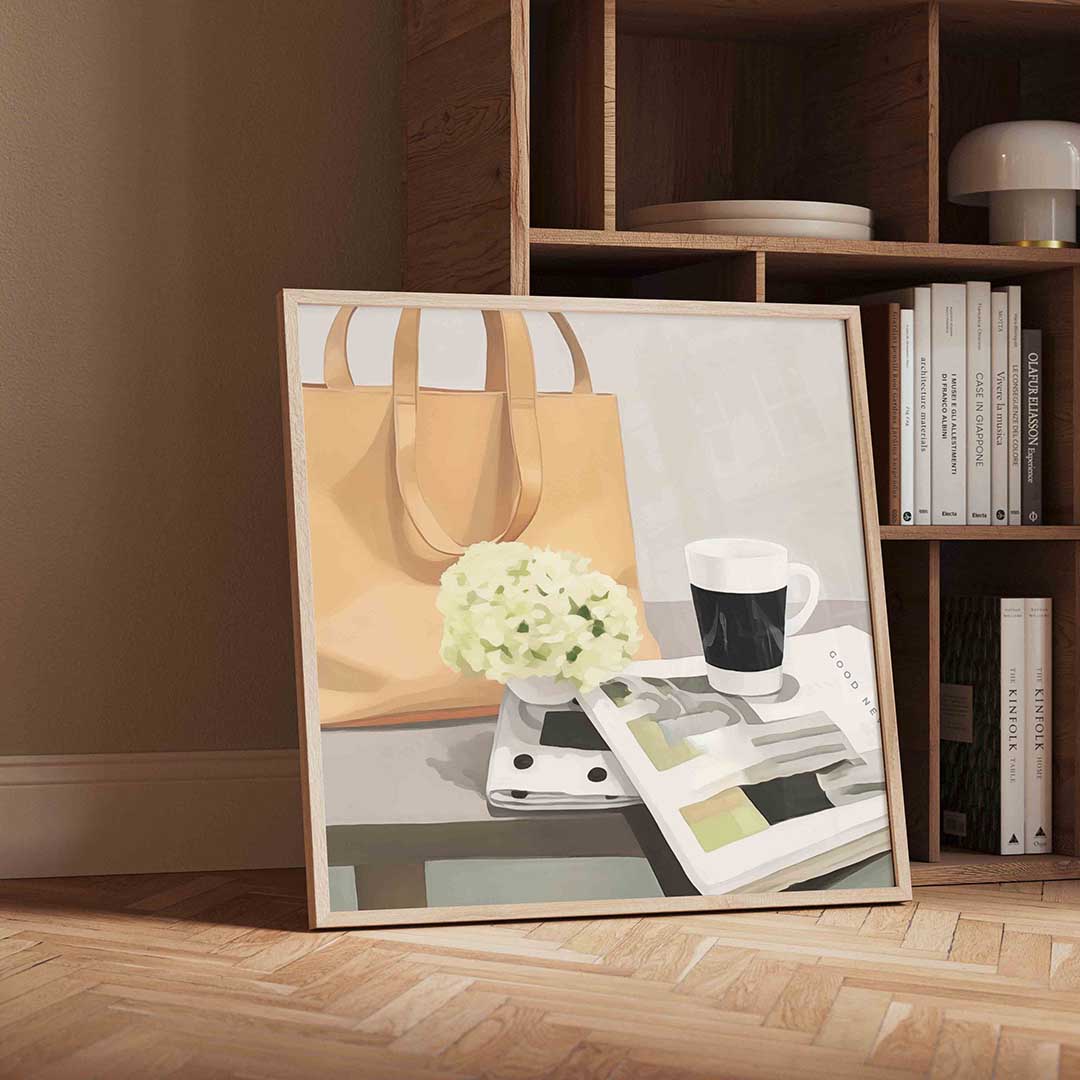Stilleven met tas en koffie – moderne wandkunst met kleur en vormen als poster