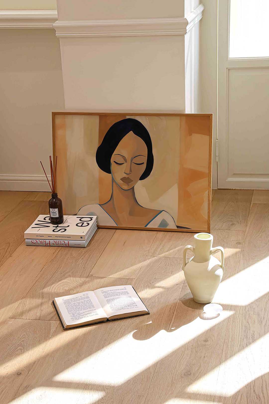 Vrouw met gesloten ogen – liggende portret wanddecoratie van WallArtistic