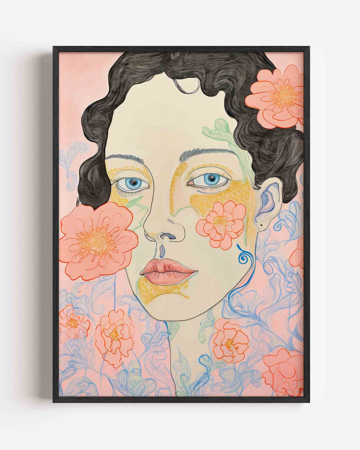 Vrouwelijk gezicht met bloemen – Kunst & Design poster als staande wanddecoratie