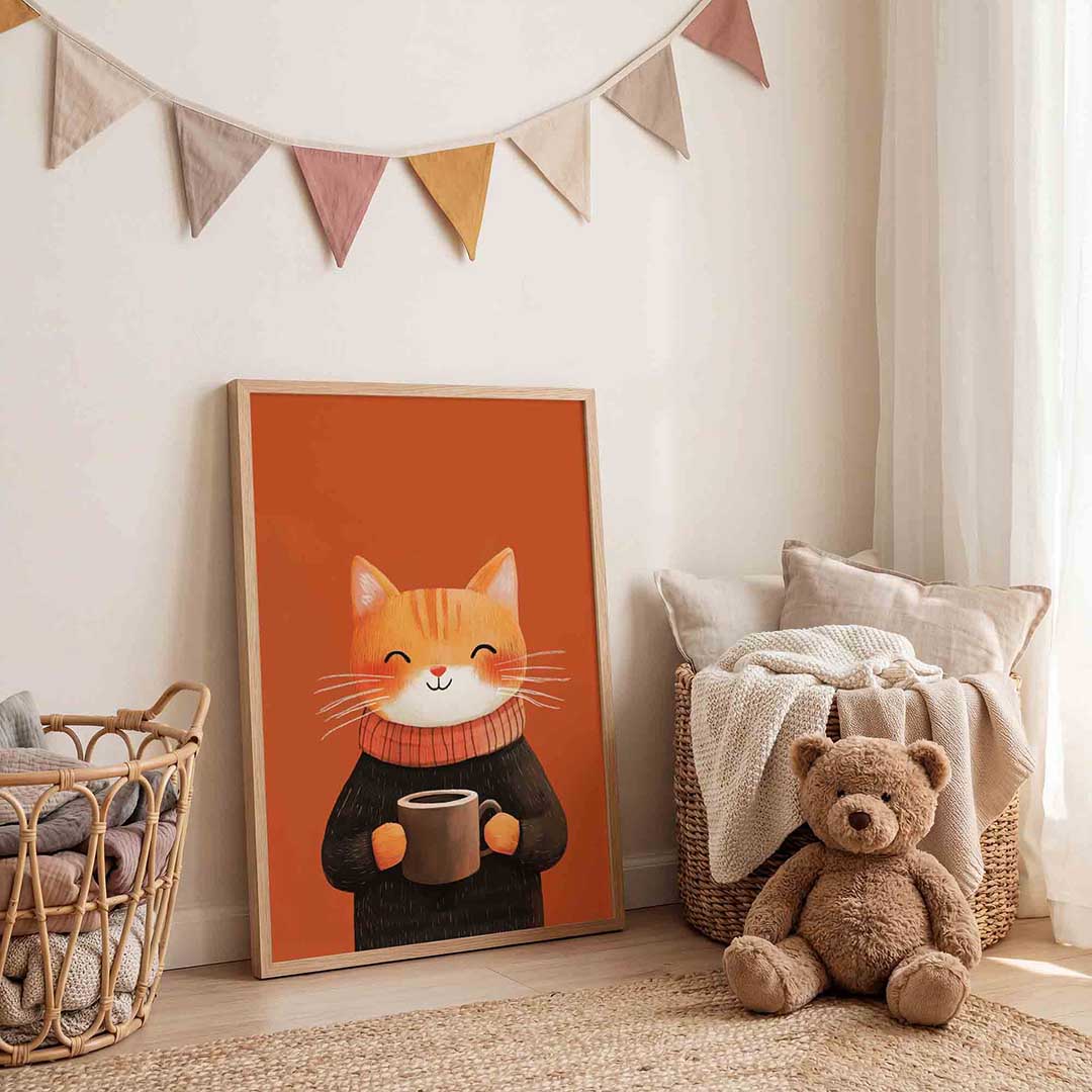 Kat met kopje – speelse wandkunst als portret kinderposter