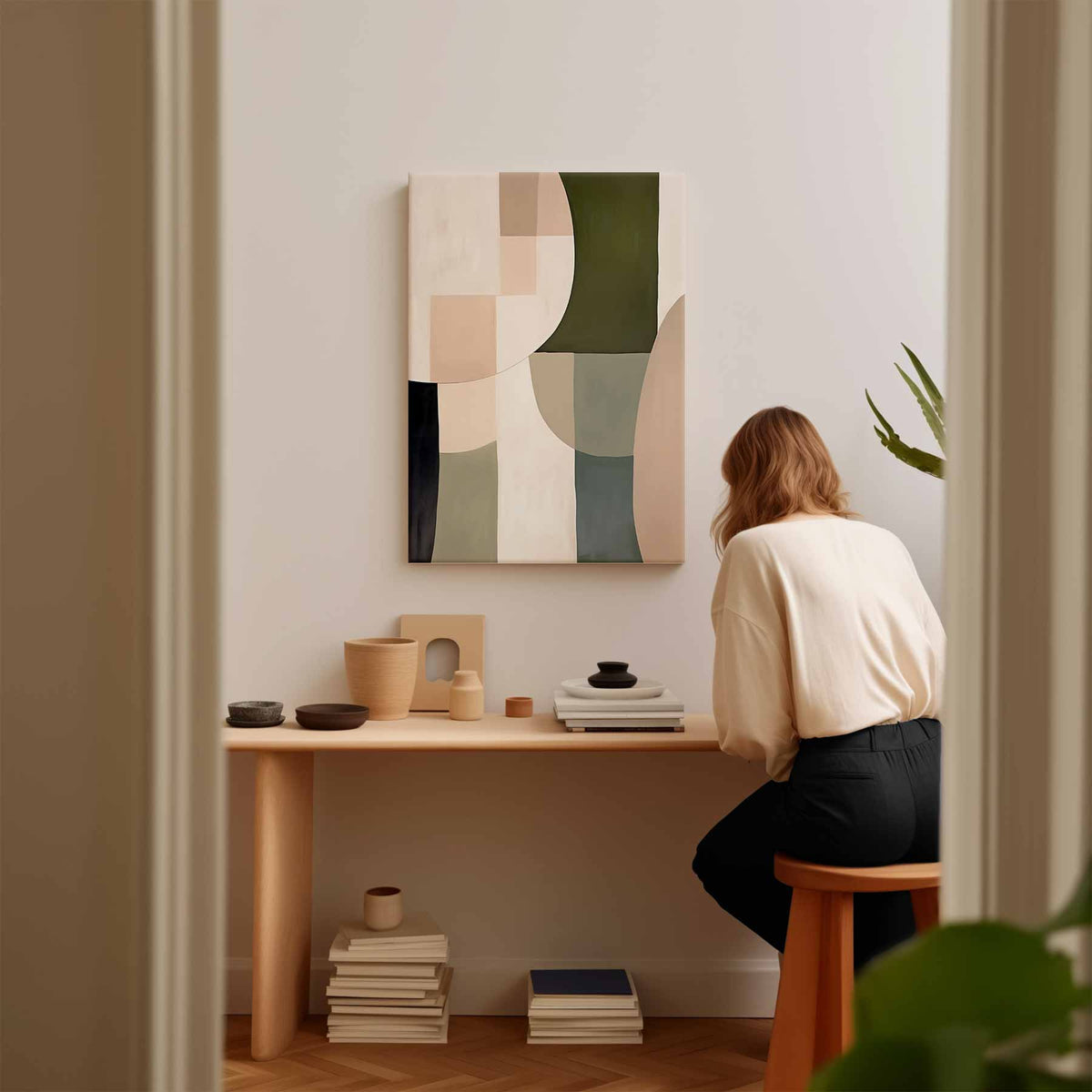 Harmonische Abstractie in Aardetinten – portret kunstwerk als wanddecoratie, afbeelding 17