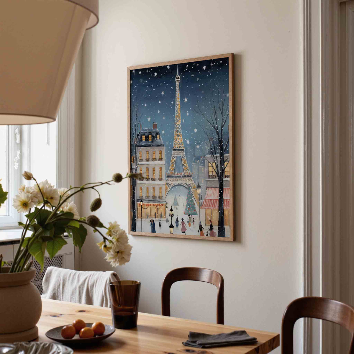Winterse stad met toren – kerstposter in staand formaat