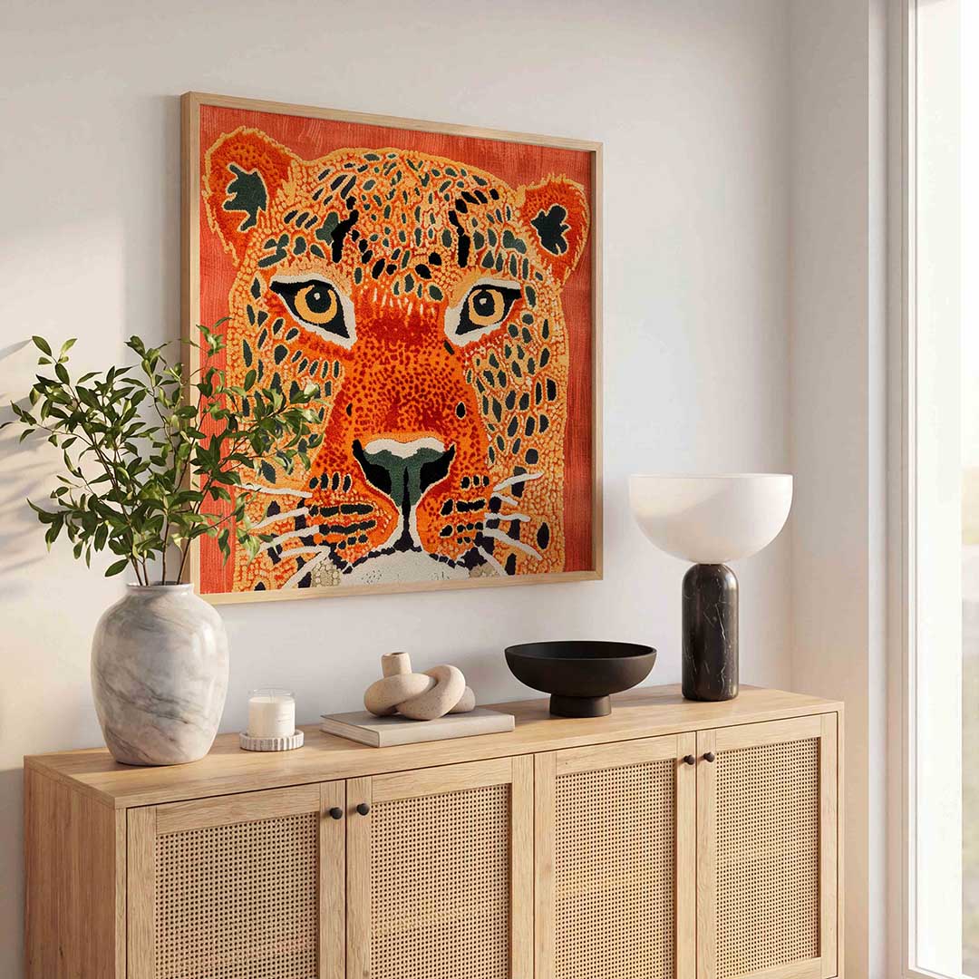 Luipaard gezicht – vierkante jungle wanddecoratie van WallArtistic