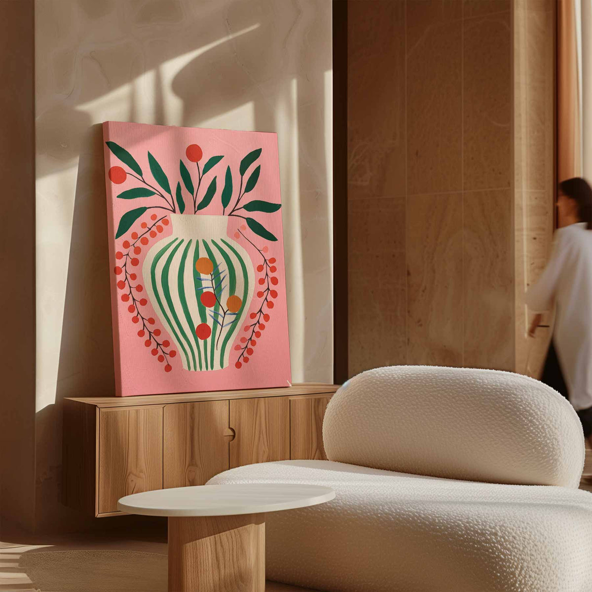 Vrolijke Vaas op Roze Achtergrond – plexiglas kunstwerk als wanddecoratie