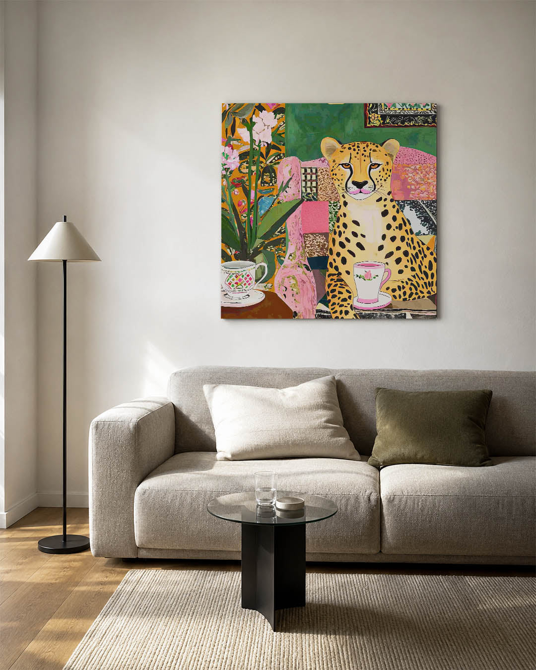 Vrolijke dierenkamer kunstwerk – detailweergave – dit werk toont een kleurrijke compositie met een luipaard in een levendige