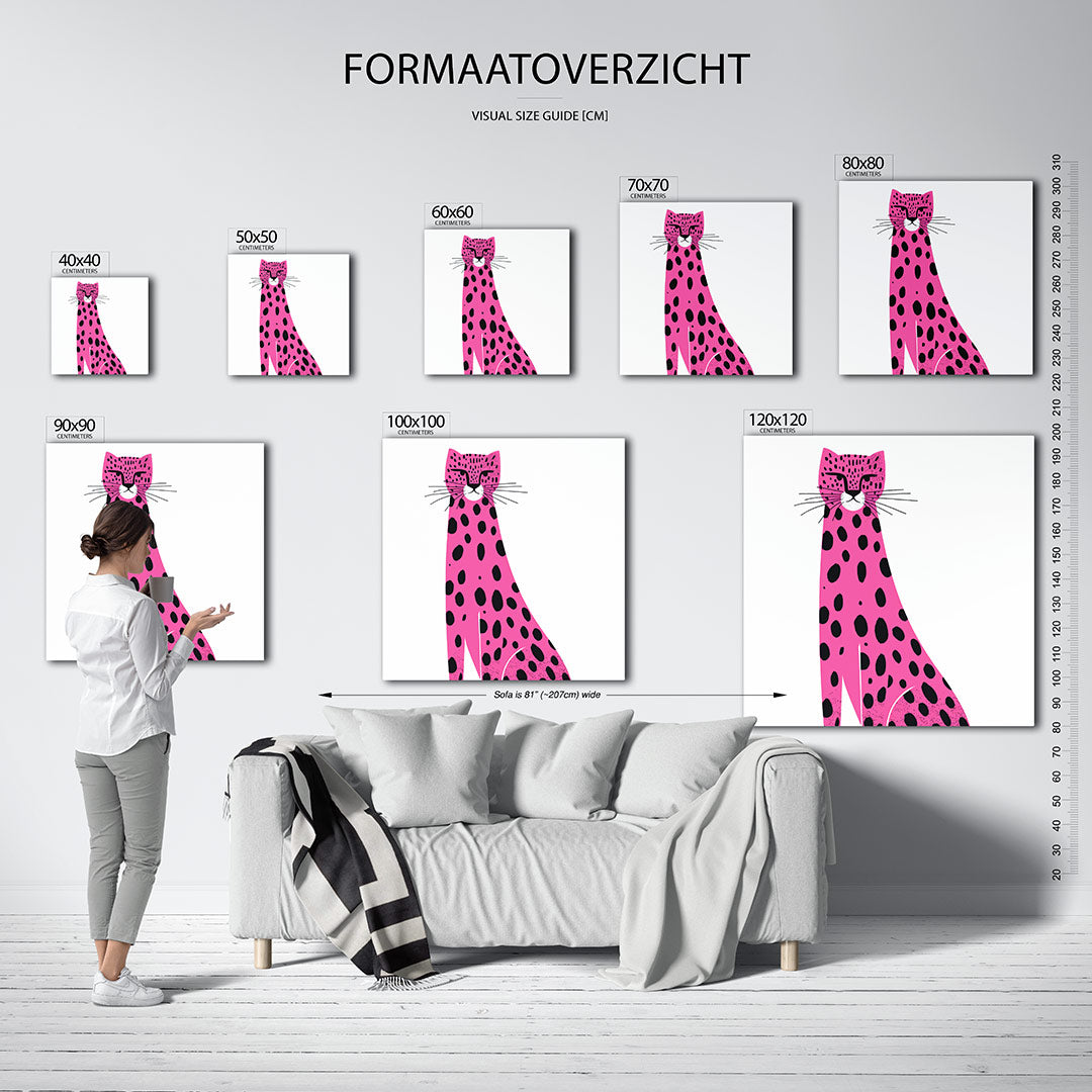 Luipaard illustratie kunstwerk – sfeerbeeld – dit werk toont een luipaard met zwarte stippen op een roze achtergrond. De