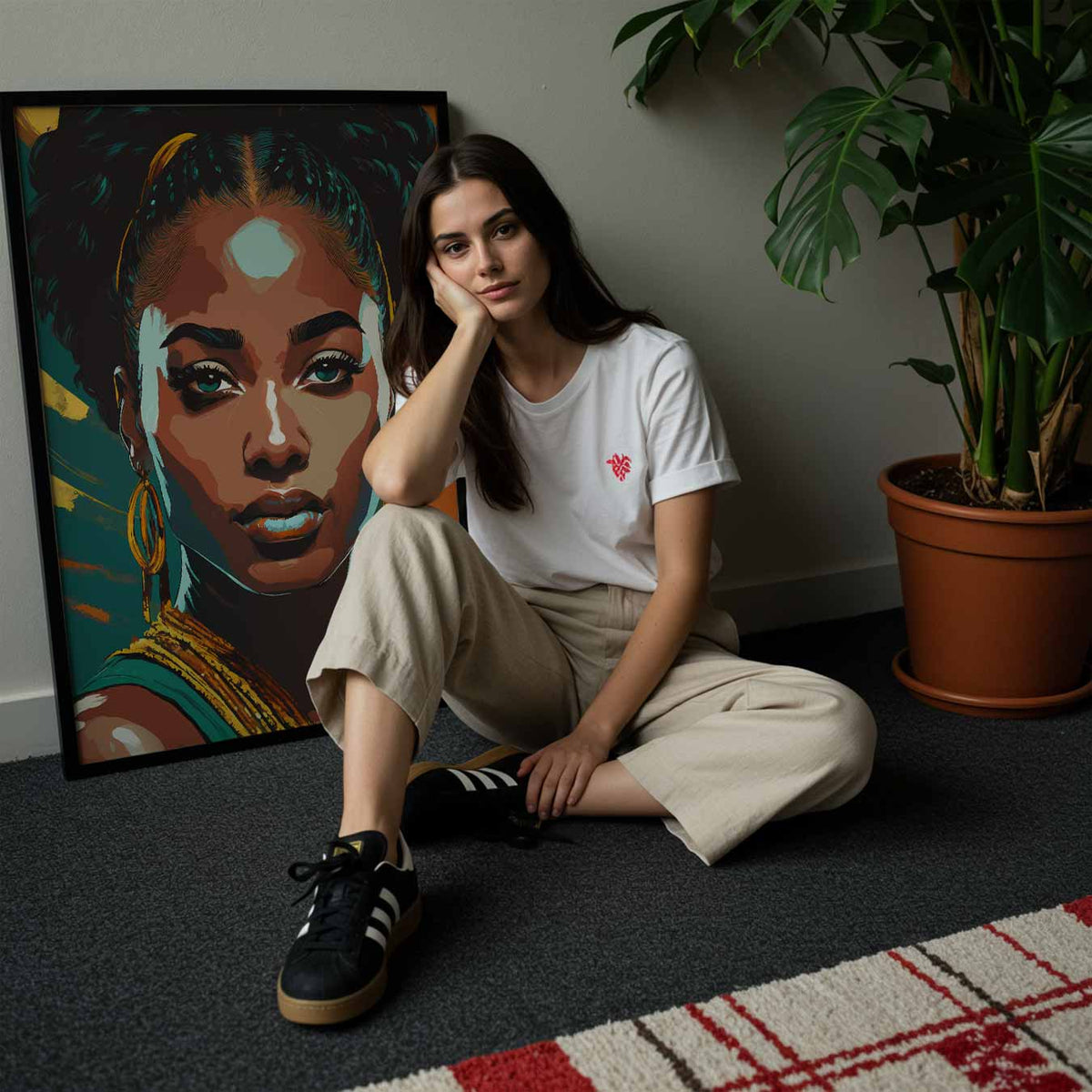 Portret Vrouw in Groen en Oranje – zomerse poster in staand formaat
