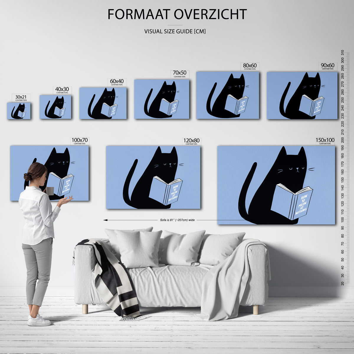 Zwarte kat met boek – landscape muurposter met eigentijdse illustratie