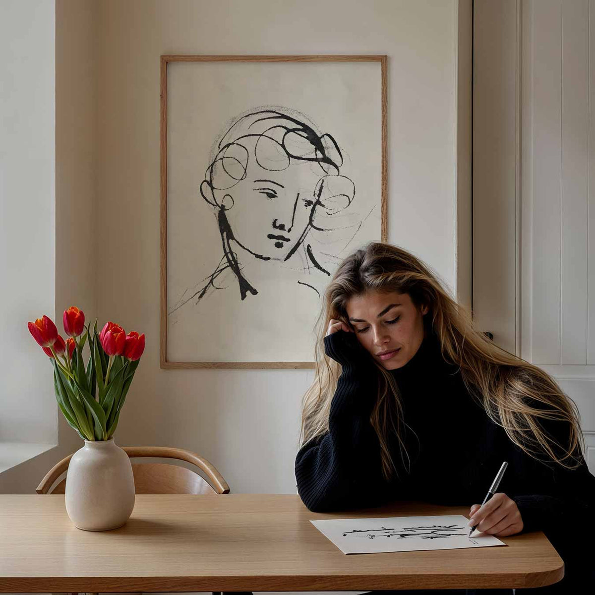 Elegante Lijntekening Vrouw – staande muurposter met vintage uitstraling