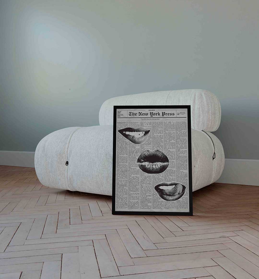 Lippen en krantenachtergrond – Pop Art wandkunst als portret poster
