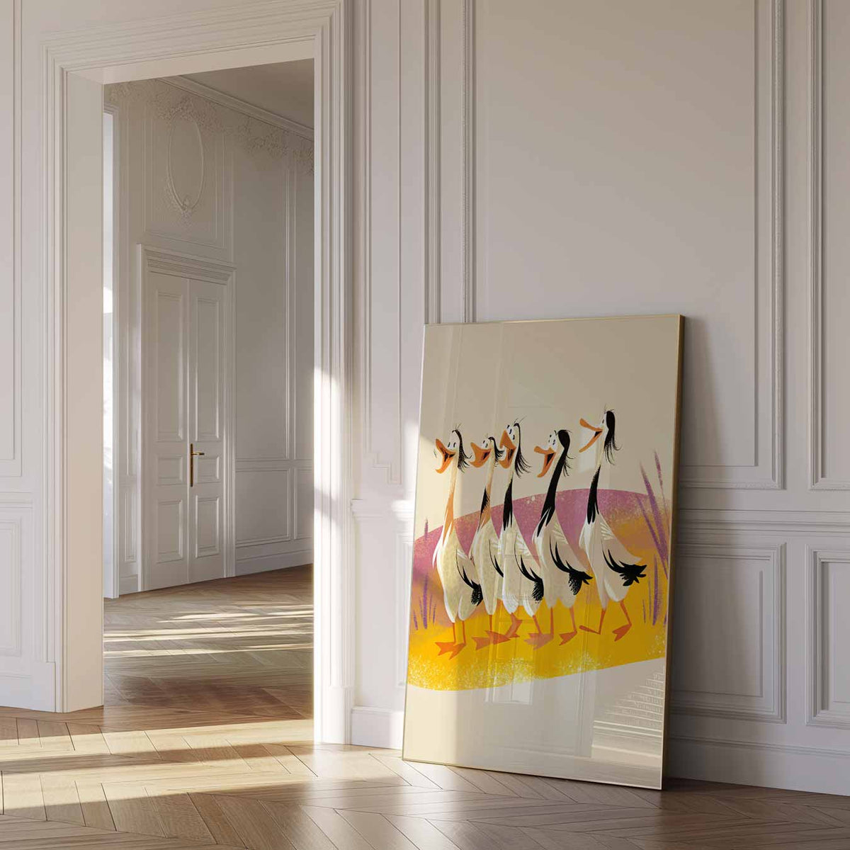 Speelse Eendendans – dierenposter als moderne staande wanddecoratie