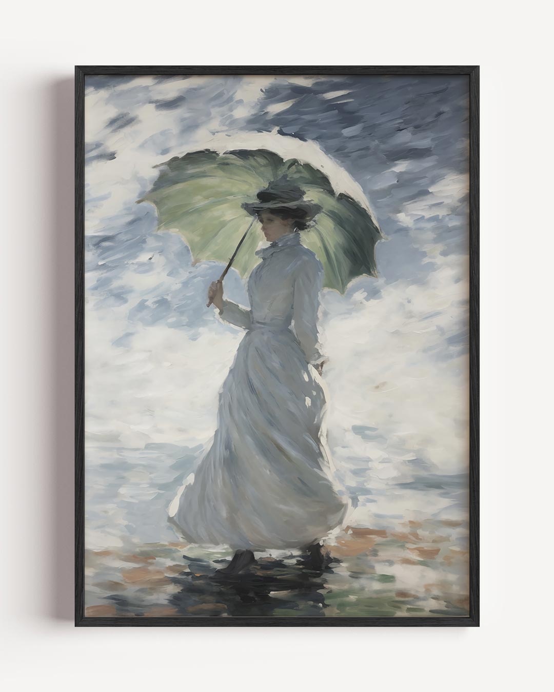 Vrouw met Parasol Onder een Zomerse Lucht – vrouwelijk portret poster als wanddecoratie