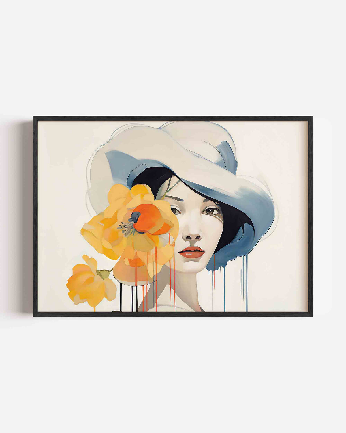 Vrouw met hoed en bloemen – vrouwelijk portret als landscape poster